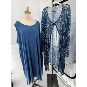 Catherines Womens 4X Blue Sleeveless Dress & Mesh Print Duster Cardigan Set